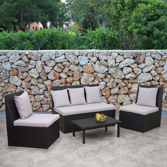 Poly-rattan set MCW-G16, tuin/lounge set, gastronomie 2-zitsbank 2xfauteuil salontafel ~ zwart, kussens lichtgrijs