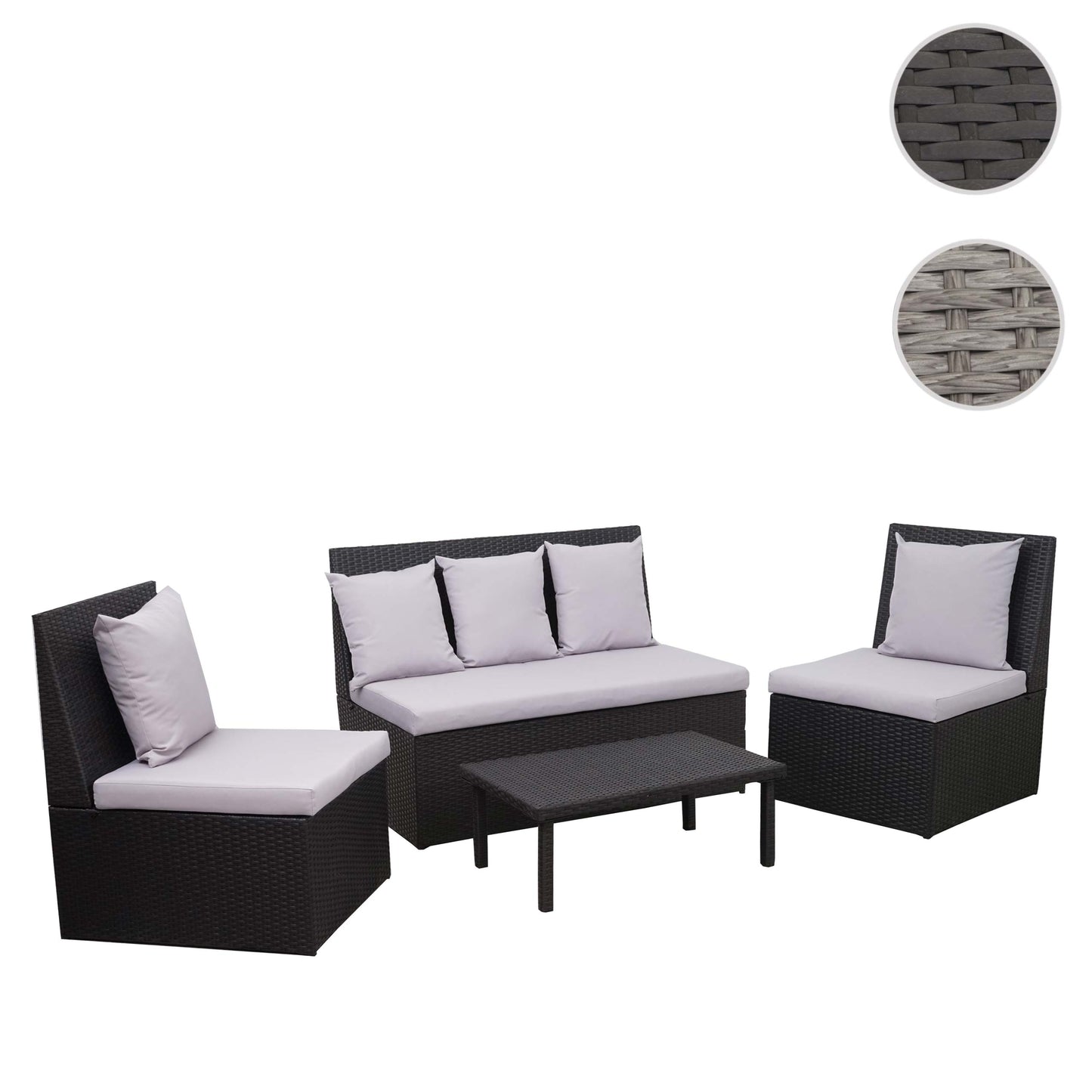 Poly-rattan set MCW-G16, tuin/lounge set, gastronomie 2-zitsbank 2xfauteuil salontafel ~ zwart, kussens lichtgrijs