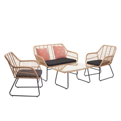 Polyrattan set MCW-G17a, tuinbankstel zitgroep stoel, touw ~ natuurlijke kleur, bekleding antraciet met sierkussens