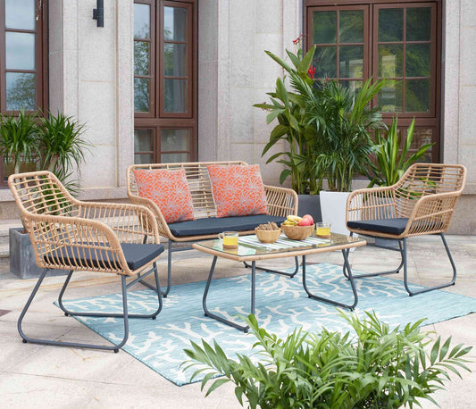 Polyrattan set MCW-G17a, tuinbankstel zitgroep stoel, touw ~ natuurlijke kleur, bekleding antraciet met sierkussens
