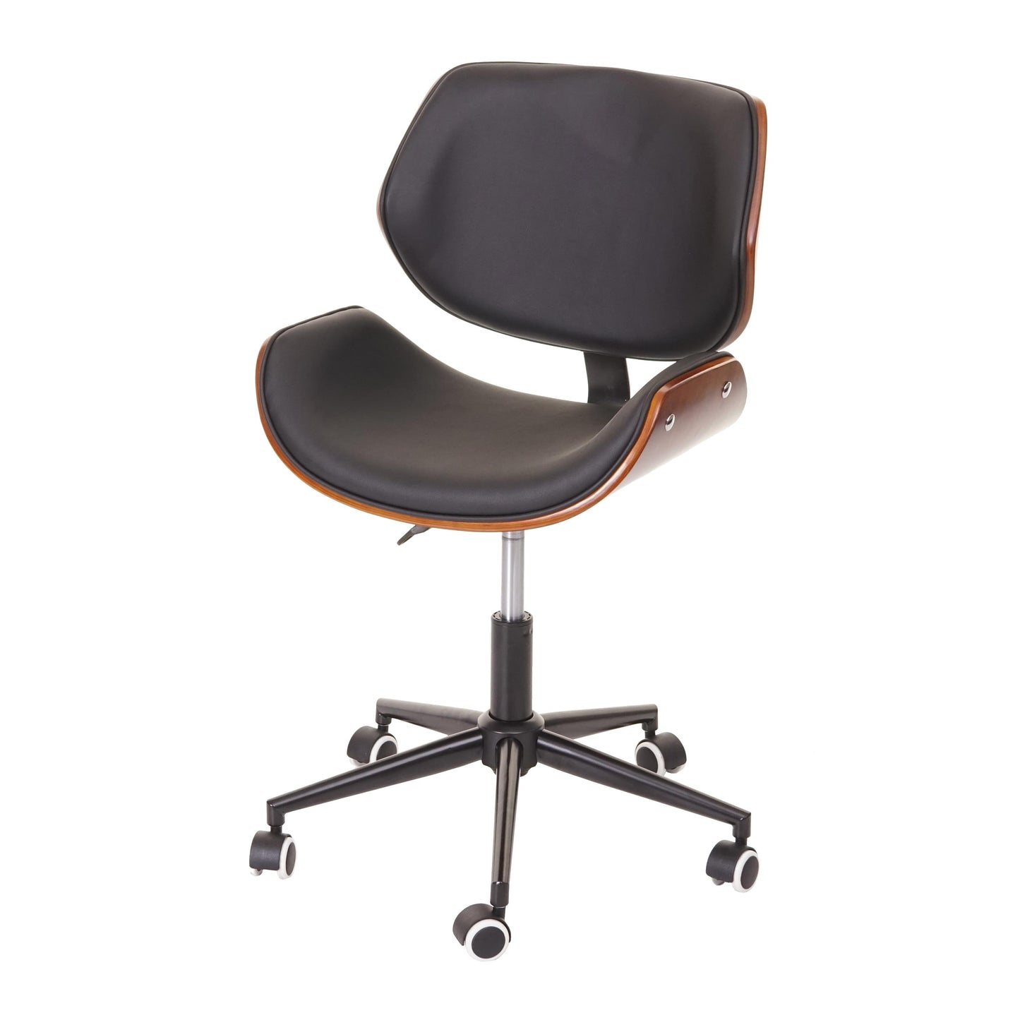 Bureaustoel MCW-G25, draaistoel bureaustoel, gebogen notenhout look retro draaibaar in hoogte verstelbaar MVG ~ zwart-bruin