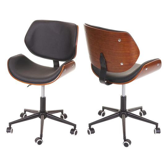Bureaustoel MCW-G25, draaistoel bureaustoel, gebogen notenhout look retro draaibaar in hoogte verstelbaar MVG ~ zwart-bruin