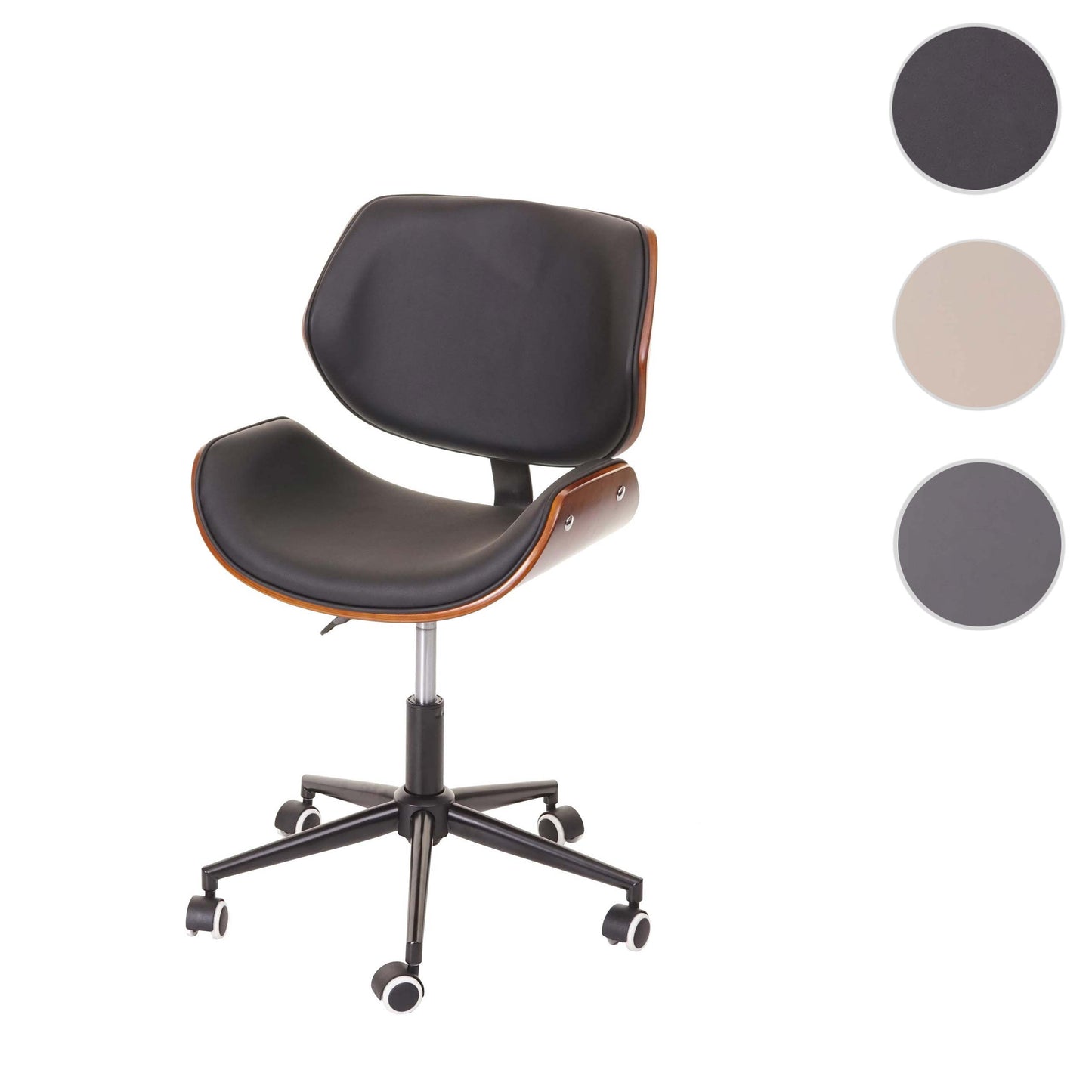 Bureaustoel MCW-G25, draaistoel bureaustoel, gebogen notenhout look retro draaibaar in hoogte verstelbaar MVG ~ zwart-bruin