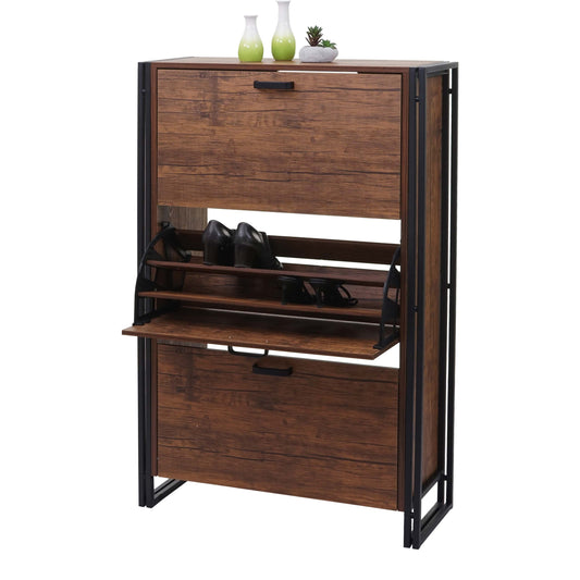 Schoenenkantelaar MCW-A27, schoenenkast schoenenrek, 122x77x29cm 3D structuur 3 kleppen MVG ~ wild eiken look
