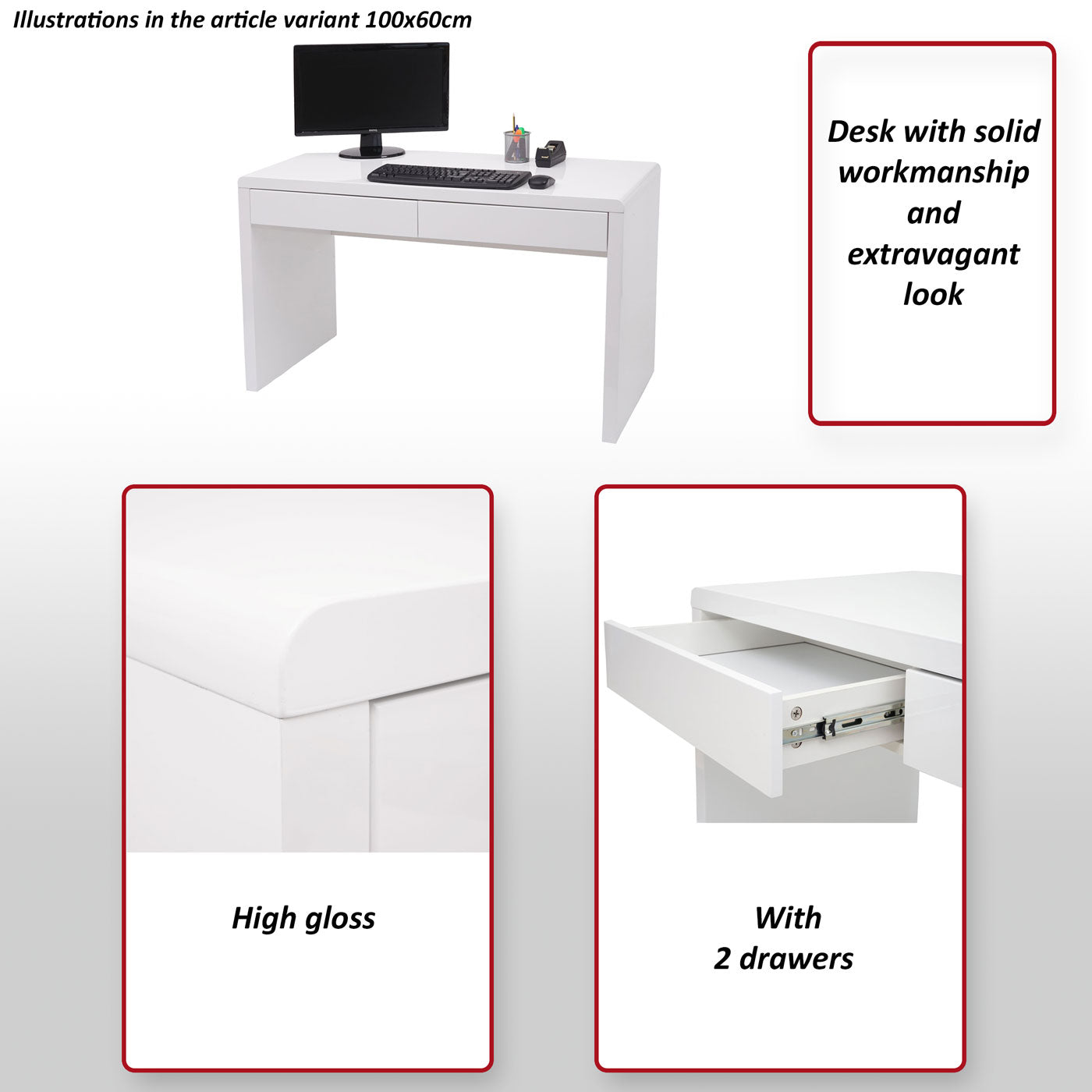 Bureau MCW-G51, bureau computer computer bureau, hoogglans wit ~ 100x60cm