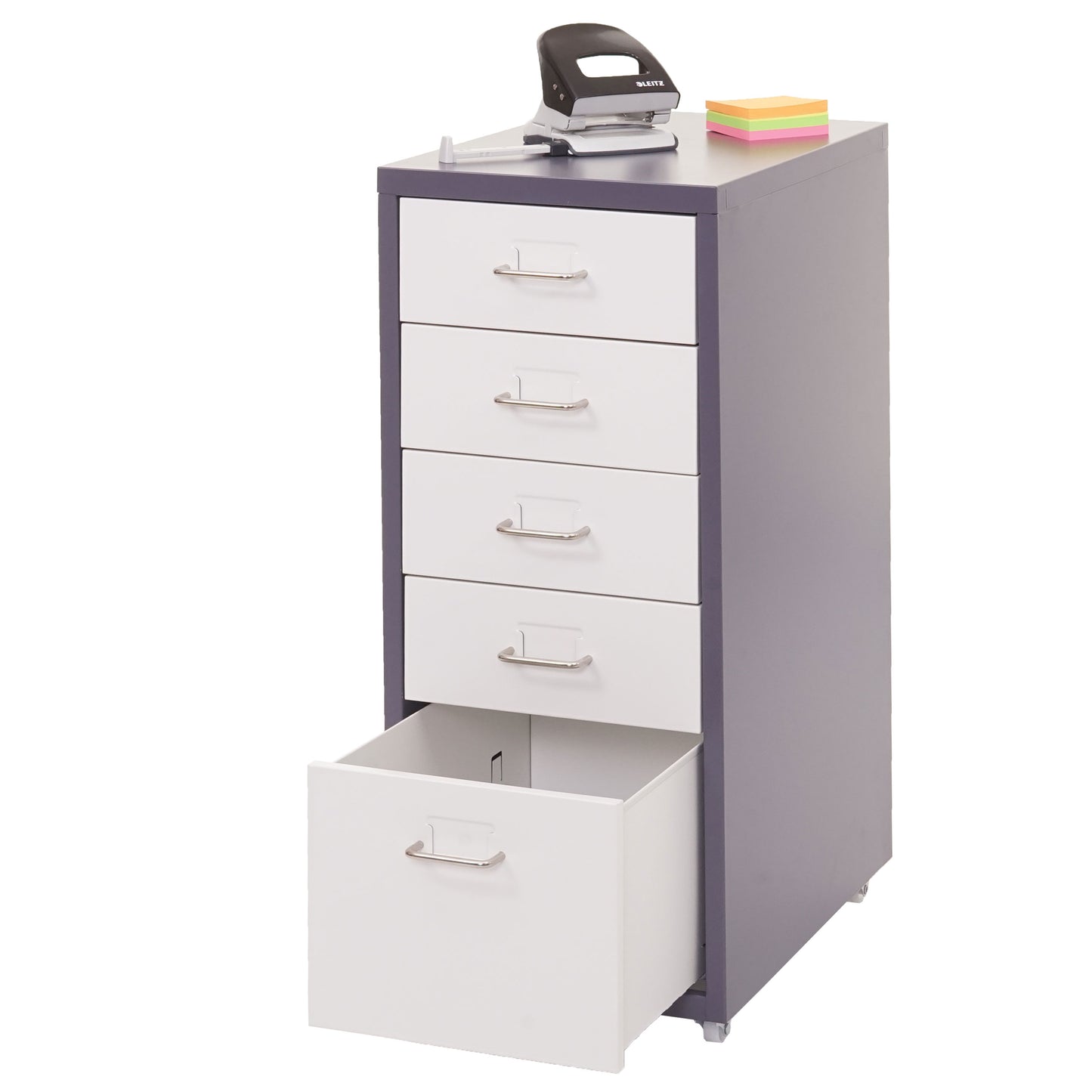 Trolley kast Boston T851, stalen ladekast, 69x28x41cm 5 laden ~ donkergrijs wit