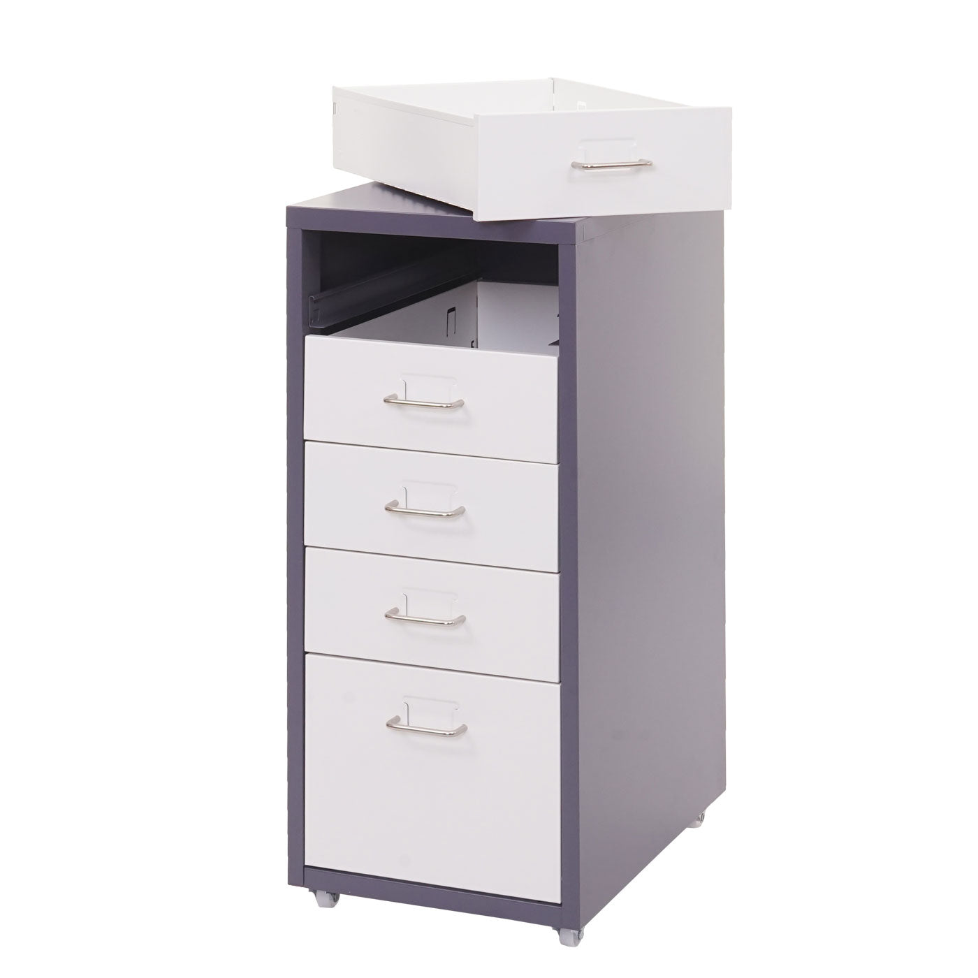Trolley kast Boston T851, stalen ladekast, 69x28x41cm 5 laden ~ donkergrijs wit