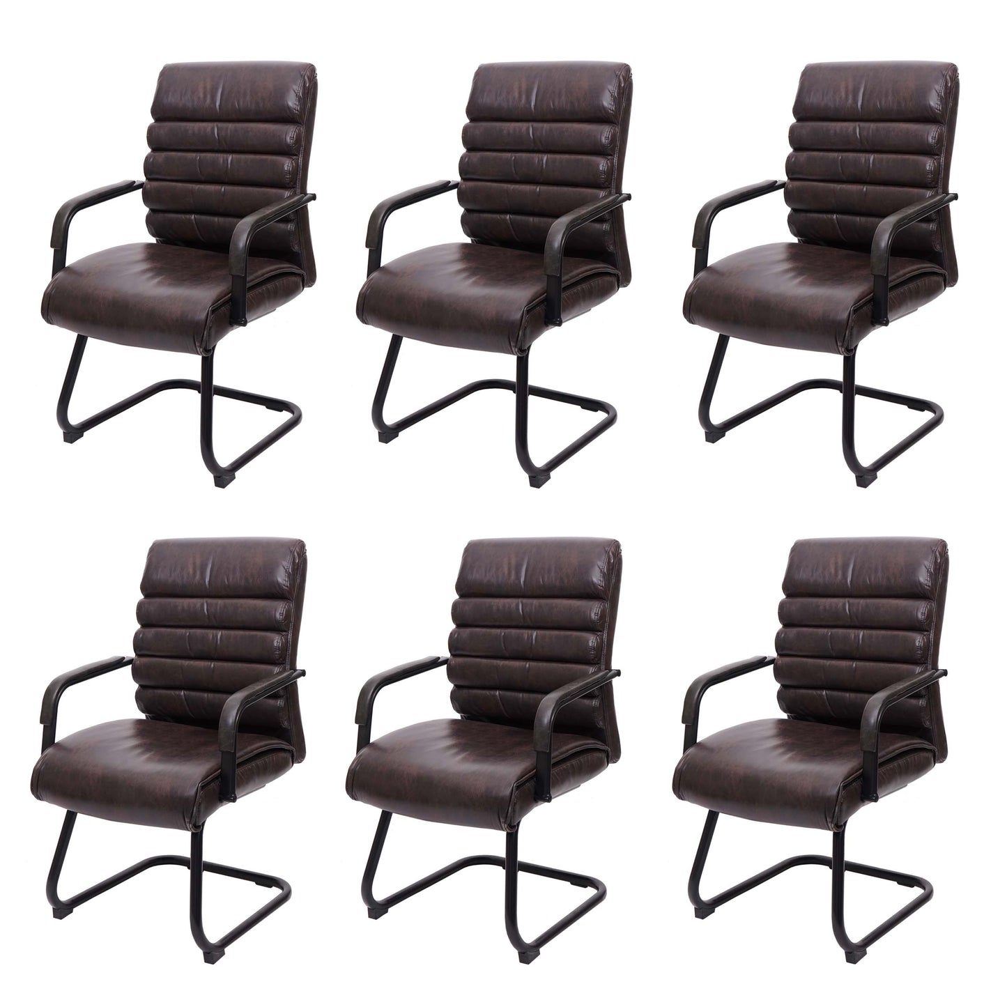 Set van 6 vergaderstoelen MCW-H31, eetkamerstoel sledemodel vintage metaal met suèdelook MVG ~ kunstleer bruin