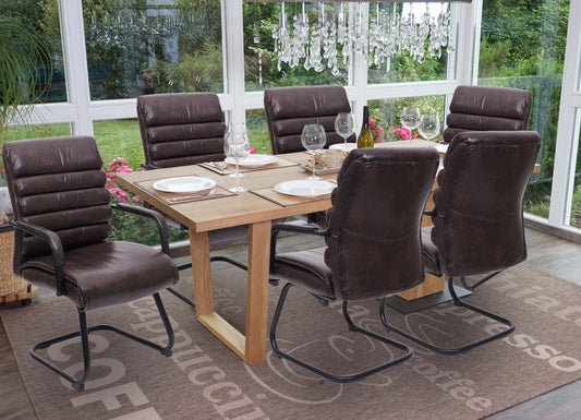 Set van 6 vergaderstoelen MCW-H31, eetkamerstoel sledemodel vintage metaal met suèdelook MVG ~ kunstleer bruin