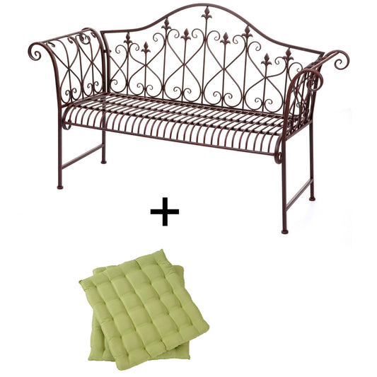 Tuinbank MCW-H78, parkbank, 2-zits metaal met ornamenten roest-look bruin 150cm ~ 2x zitkussen groen