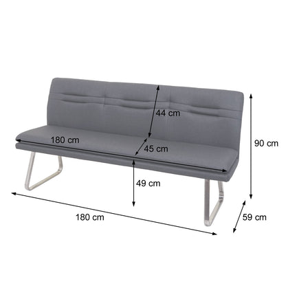Bank MCW-H70, eetkamerbank gestoffeerde bank, rugleuning stof/textiel geborsteld roestvrij staal ~ grijs 180cm