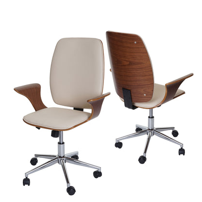 Bureaustoel MCW-C54, directiedraaistoel, gebogen hout kunstleer ~ walnoot look, bekleding crème-beige