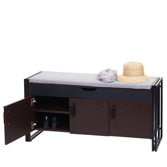 Schoenenkast met zitting MCW-A27, ladekast bank met kussens, 53x110x30cm 3D structuur metaal ~ donkerbruin