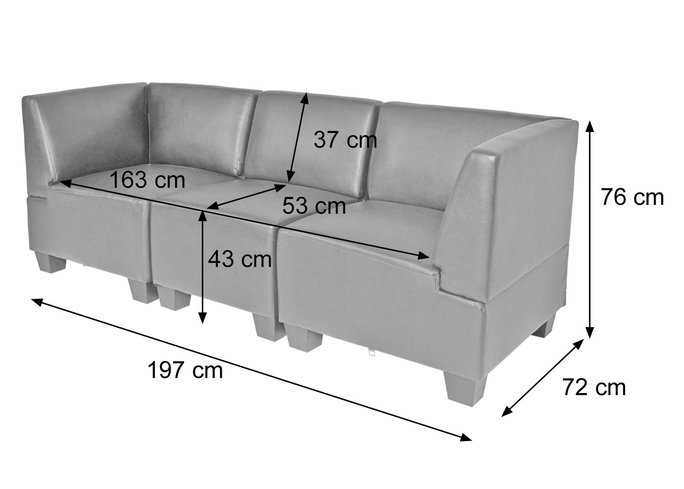 Modulaire 3-zitsbank Lyon, kunstleer ~ zwart, hoge armleuningen
