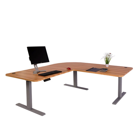 Hoekbureau MCW-D40, computerbureau elektrisch in hoogte verstelbaar 178x178cm 84kg MVG ~ eiken decor, grijs