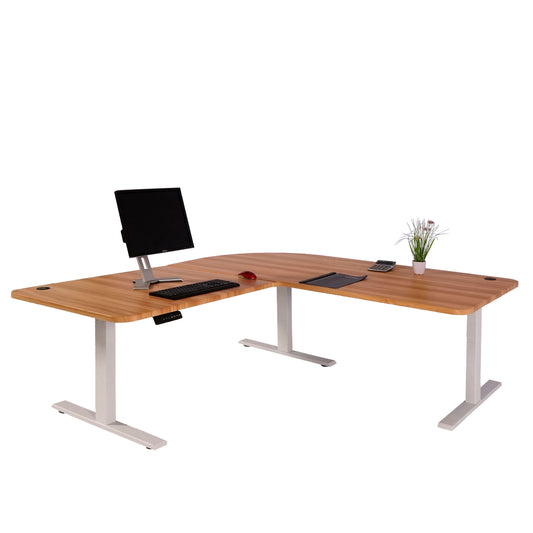 Hoekbureau MCW-D40, computerbureau elektrisch in hoogte verstelbaar 178x178cm 84kg MVG ~ eiken decor, wit