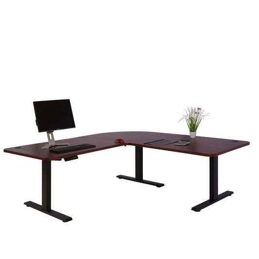 Hoekbureau MCW-D40, computerbureau elektrisch in hoogte verstelbaar 178x178cm 84kg MVG ~ kersen decor, zwart