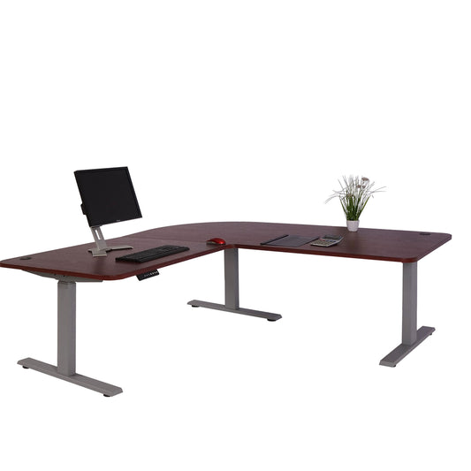 Hoekbureau MCW-D40, computerbureau elektrisch in hoogte verstelbaar 178x178cm 84kg MVG ~ kersen decor, grijs