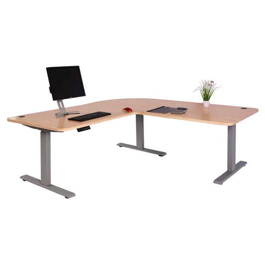 Hoekbureau MCW-D40, computerbureau elektrisch in hoogte verstelbaar 178x178cm 84kg MVG ~ lichtbruin, grijs