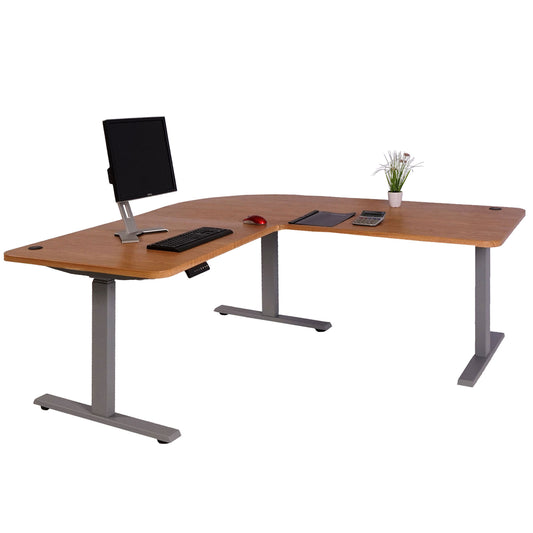 Hoekbureau MCW-D40, computerbureau elektrisch in hoogte verstelbaar 178x178cm 84kg MVG ~ bruine structuur, grijs