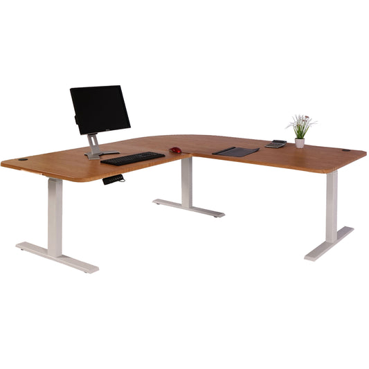 Hoekbureau MCW-D40, computerbureau elektrisch in hoogte verstelbaar 178x178cm 84kg MVG ~ bruine structuur, wit
