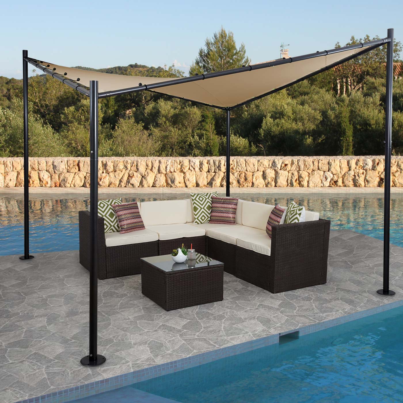 Pergola MCW-A41, tuinpaviljoen luifel, stevig 6cm stalen frame ~ 4x4m taupe