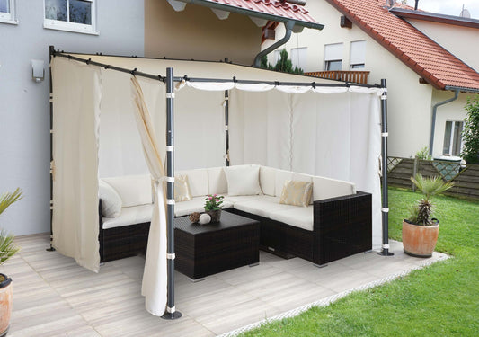 Pergola MCW-A22, aanbouw pergola tuinpaviljoen terrasoverkapping zonwering, 3x3m ~ crème + zijwand