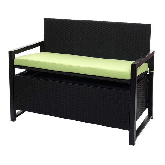 Poly-rattan 2-zitsbank MCW-F39, tuinbank kistbank, opbergvak zitkussen ~ antraciet, kussen groen