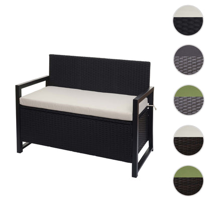 Poly-rattan 2-zitsbank MCW-F39, tuinbank kistbank, opbergvak zitkussens ~ antraciet, kussens crème