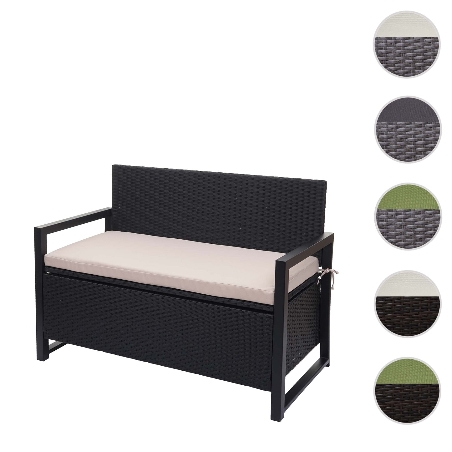 Poly-rattan 2-zitsbank MCW-F39, tuinbank kistbank, opbergvak zitkussens ~ antraciet, kussens beige