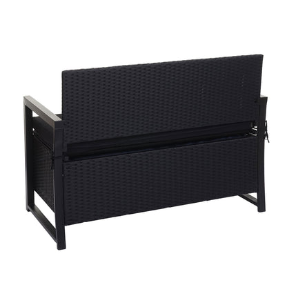 Poly-rattan 2-zitsbank MCW-F39, tuinbank kistbank, opbergvak zitkussens ~ antraciet, kussens zwart