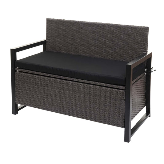 Poly-rattan 2-zitsbank MCW-F39, tuinbank kistbank, opbergvak zitkussens ~ grijs, kussens zwart