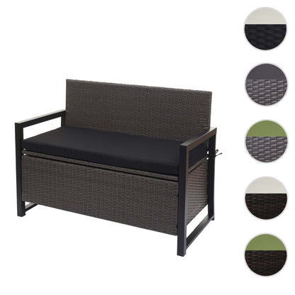 Poly-rattan 2-zitsbank MCW-F39, tuinbank kistbank, opbergvak zitkussens ~ grijs, kussens zwart