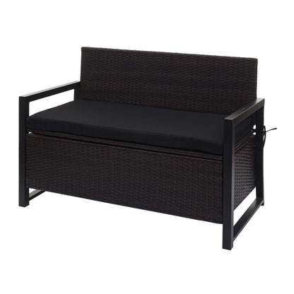 Poly-rattan 2-zitsbank MCW-F39, tuinbank kistbank, opbergvak zitkussens ~ bruin, kussens zwart