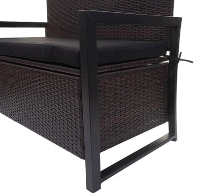 Poly-rattan 2-zitsbank MCW-F39, tuinbank kistbank, opbergvak zitkussens ~ bruin, kussens zwart
