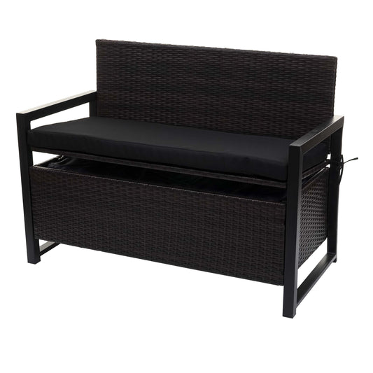 Poly-rattan 2-zitsbank MCW-F39, tuinbank kistbank, opbergvak zitkussens ~ bruin, kussens zwart