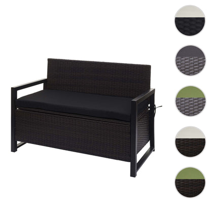 Poly-rattan 2-zitsbank MCW-F39, tuinbank kistbank, opbergvak zitkussens ~ bruin, kussens zwart