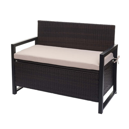 Poly-rattan 2-zitsbank MCW-F39, tuinbank kistbank, opbergvak zitkussens ~ bruin, kussens beige