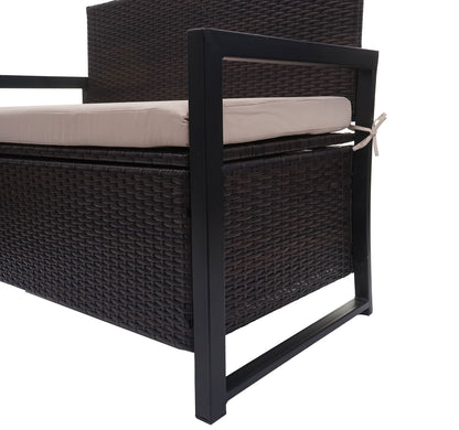 Poly-rattan 2-zitsbank MCW-F39, tuinbank kistbank, opbergvak zitkussens ~ bruin, kussens beige