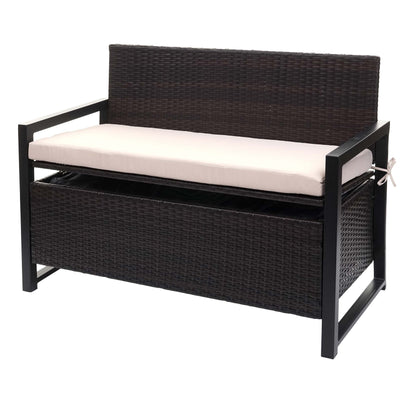 Poly-rattan 2-zitsbank MCW-F39, tuinbank kistbank, opbergvak zitkussens ~ bruin, kussens beige