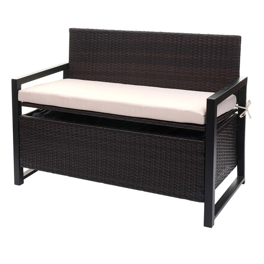 Poly-rattan 2-zitsbank MCW-F39, tuinbank kistbank, opbergvak zitkussens ~ bruin, kussens beige