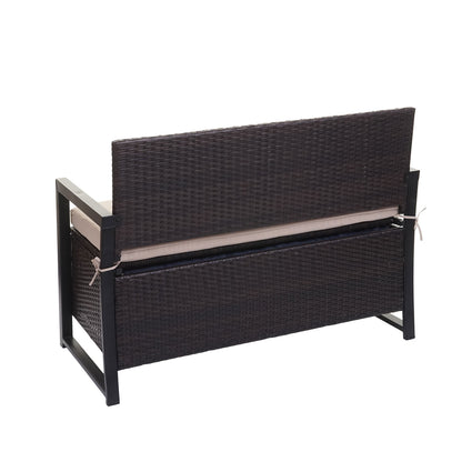 Poly-rattan 2-zitsbank MCW-F39, tuinbank kistbank, opbergvak zitkussens ~ bruin, kussens beige