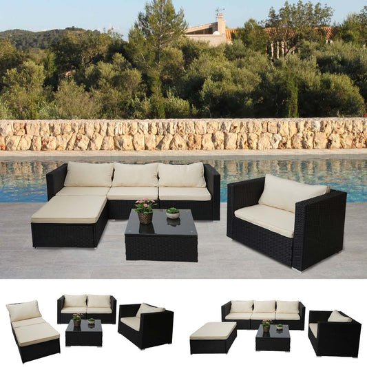 Poly rotan set Brescia, tuinset loungeset ~ zwart, kussens crème