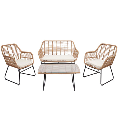 Polyrattan set MCW-G17a, tuinbankstel zitgroep stoel, touw ~ natuurlijke kleur, bekleding crème zonder sierkussens