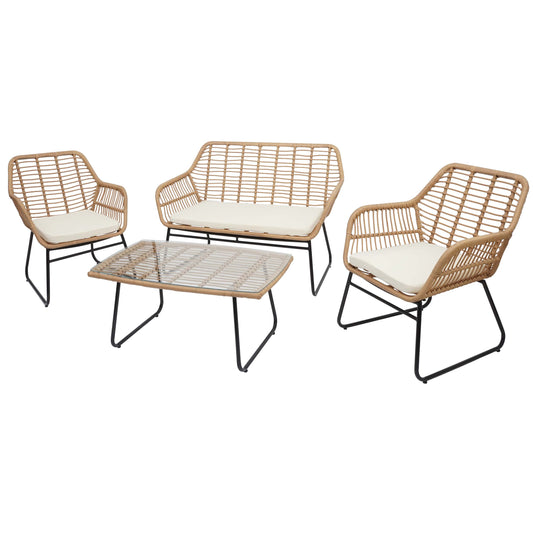 Polyrattan set MCW-G17a, tuinbankstel zitgroep stoel, touw ~ natuurlijke kleur, bekleding crème zonder sierkussens