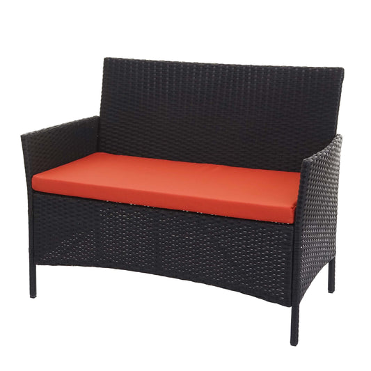 Poly-rattan tuinbank Halden, zitbank ~ zwart, terracotta kussens