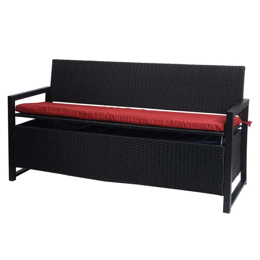 Poly-rattan 3-zitsbank MCW-F39, tuinbank kistbank, opbergvak zitkussens ~ antraciet, bordeaux kussens
