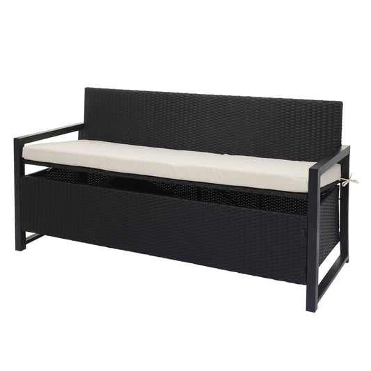 Poly-rattan 3-zitsbank MCW-F39, tuinbank kistbank, opbergvak zitkussens ~ antraciet, kussens crème