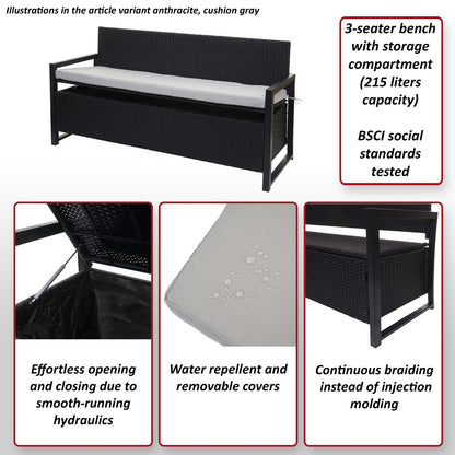 Poly-rattan 3-zitsbank MCW-F39, tuinbank kistbank, opbergvak zitkussens ~ antraciet, kussens crème