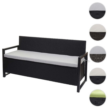 Poly-rattan 3-zitsbank MCW-F39, tuinbank kistbank, opbergvak zitkussens ~ antraciet, grijze kussens